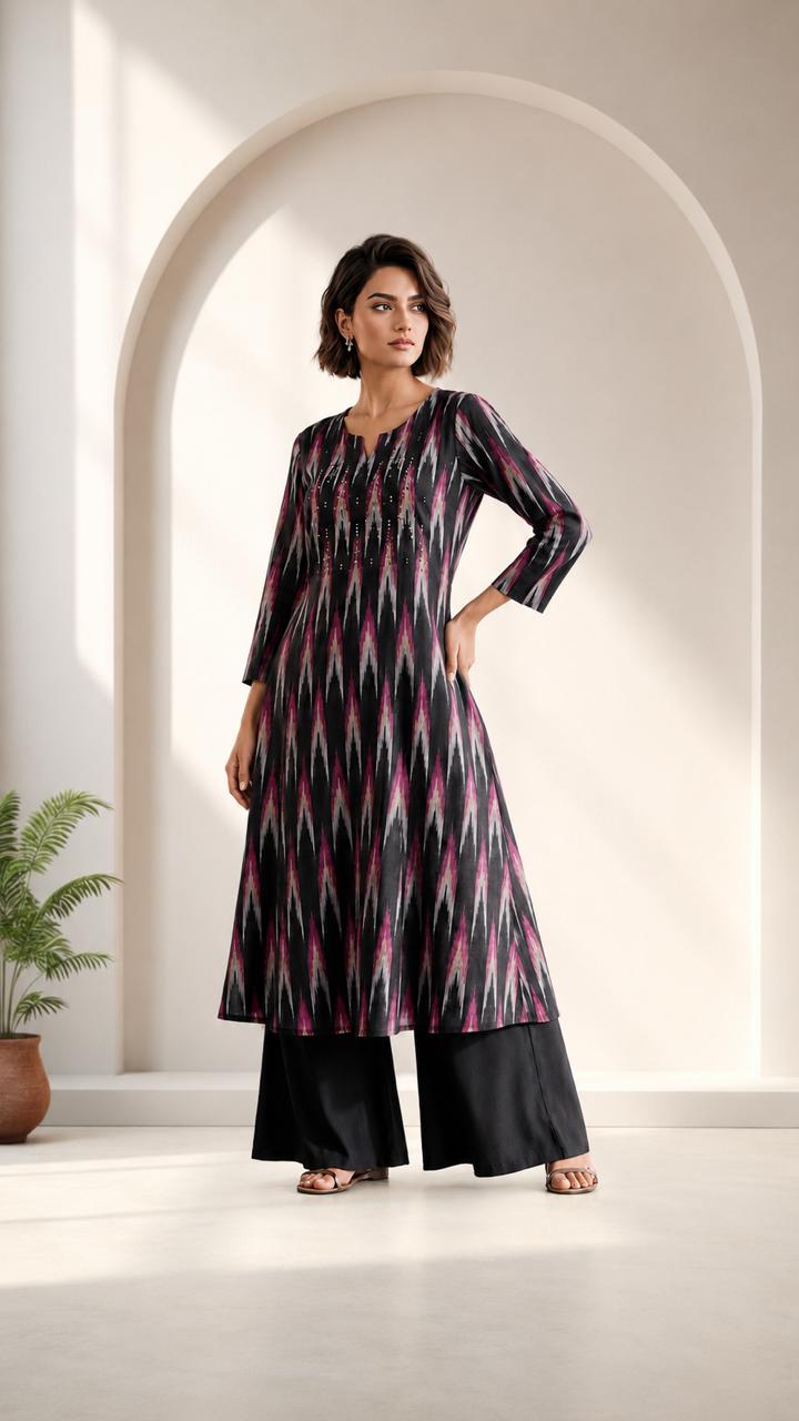 D’MAYE Ikat-Inspired Printed Co-ord Set – Blue, Maroon & Black
