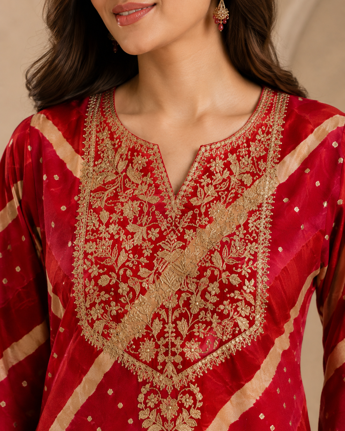 D’MAYE Red Leheriya-Inspired Embroidered Kurta Pant Set