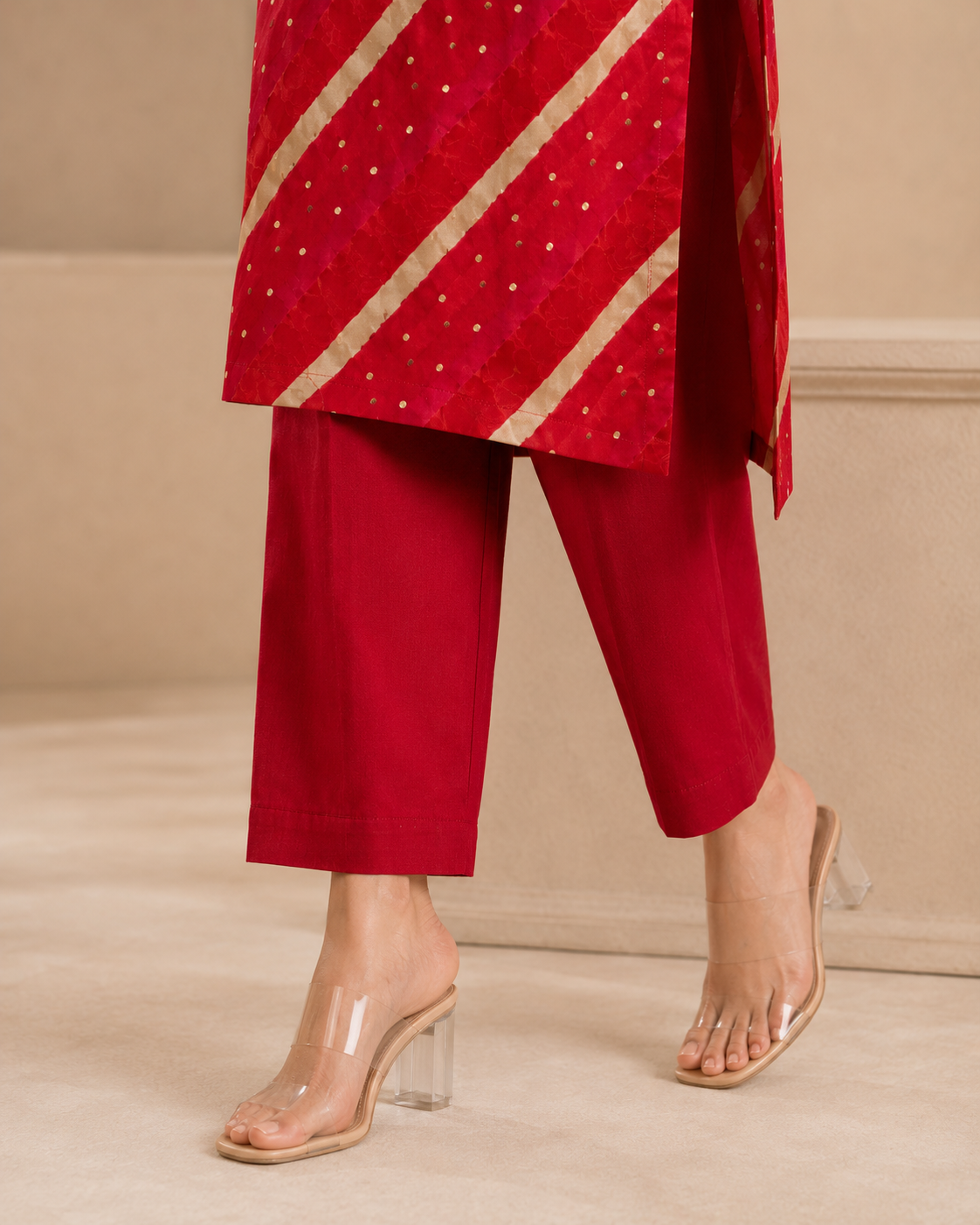 D’MAYE Red Leheriya-Inspired Embroidered Kurta Pant Set