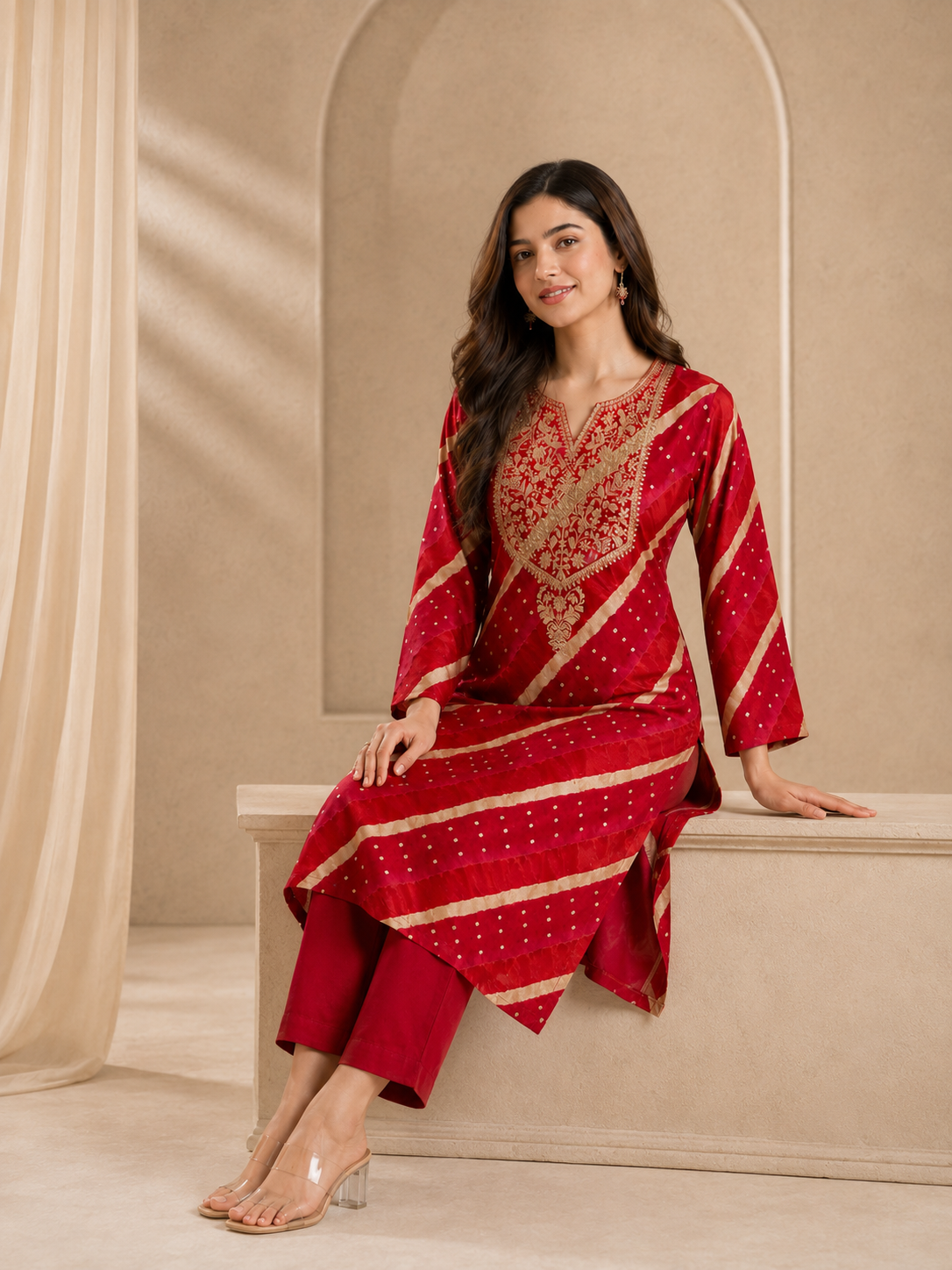 D’MAYE Red Leheriya-Inspired Embroidered Kurta Pant Set