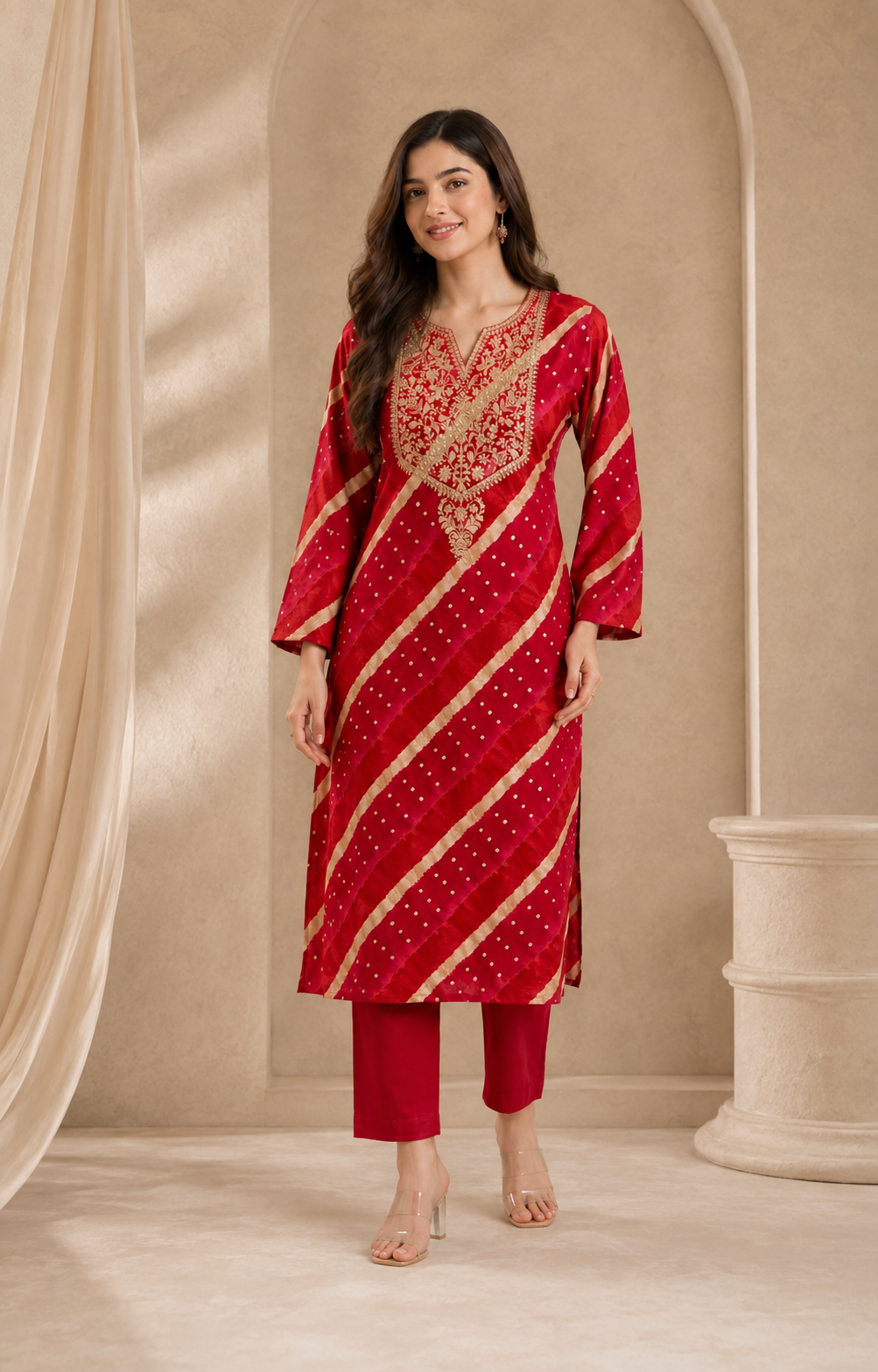 D’MAYE Red Leheriya-Inspired Embroidered Kurta Pant Set