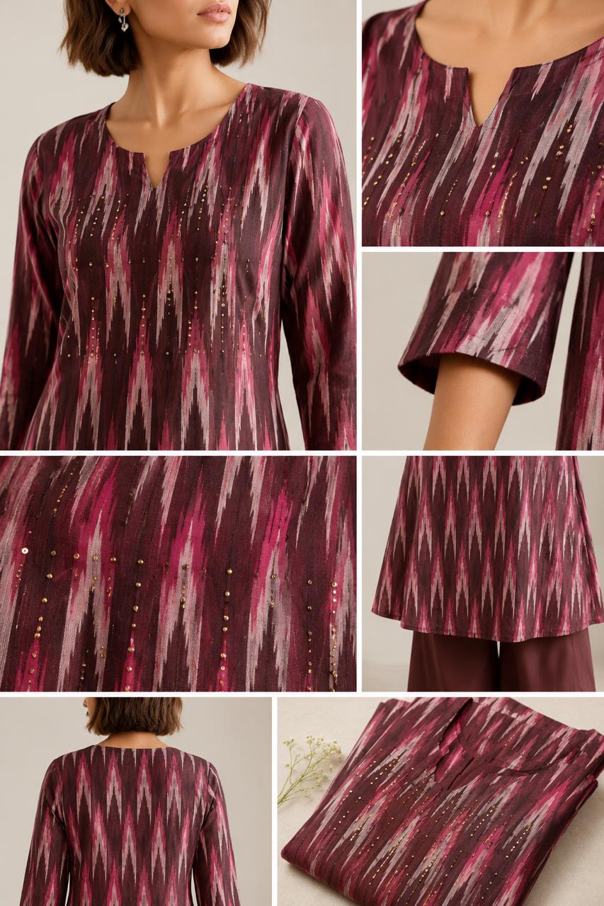 D’MAYE Ikat-Inspired Printed Co-ord Set – Blue, Maroon & Black
