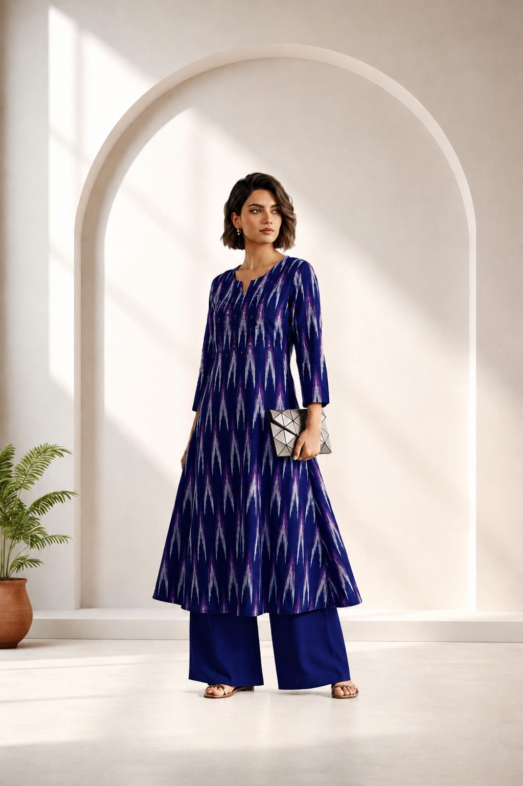D’MAYE Ikat-Inspired Printed Co-ord Set – Blue, Maroon & Black