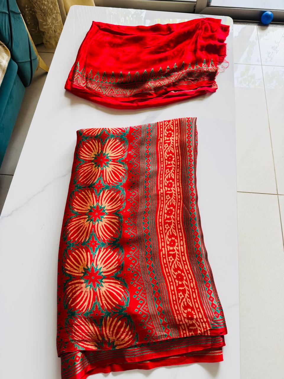 Red Gajji Silk Saree with Traditional Ajrakh-Inspired Print