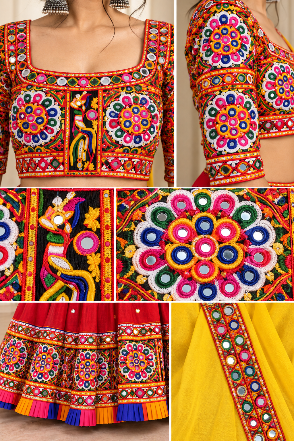 Red Mirror Work Chaniya Choli with Yellow Dupatta | D’MAYE