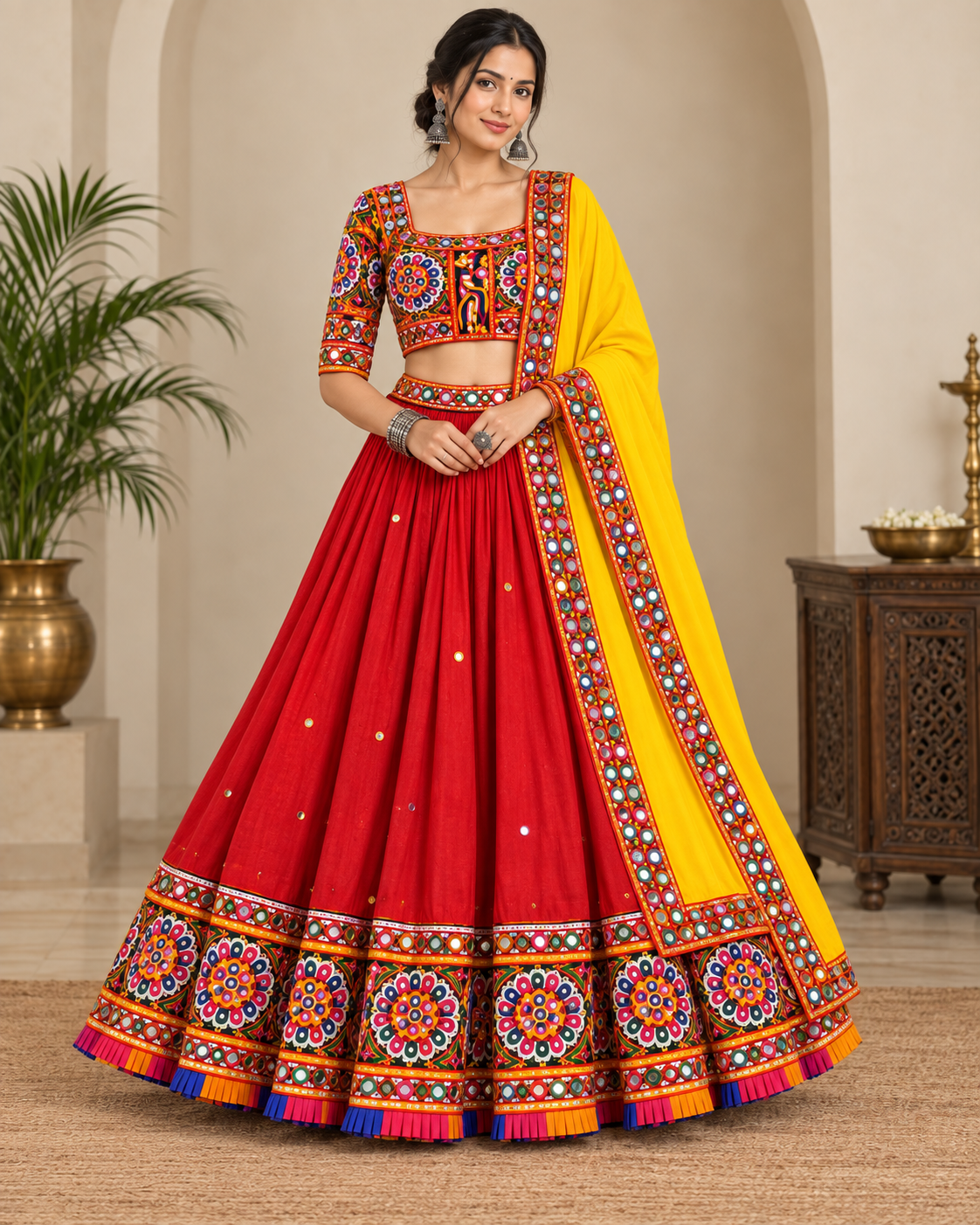 Red Mirror Work Chaniya Choli with Yellow Dupatta | D’MAYE