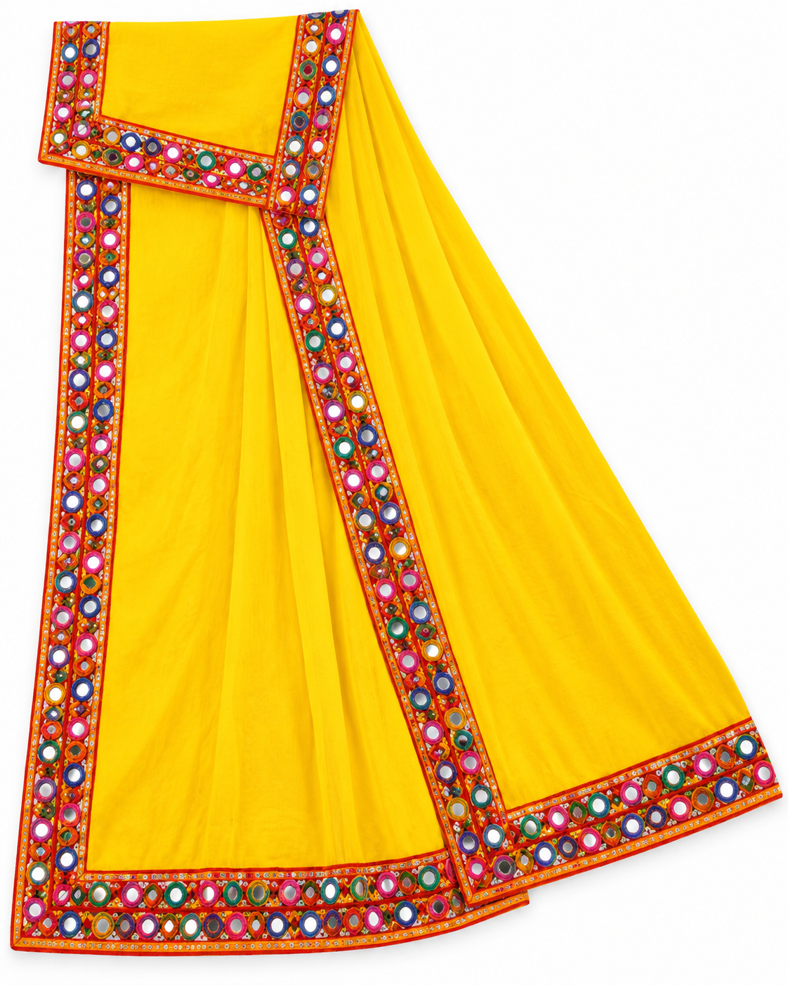 Red Mirror Work Chaniya Choli with Yellow Dupatta | D’MAYE