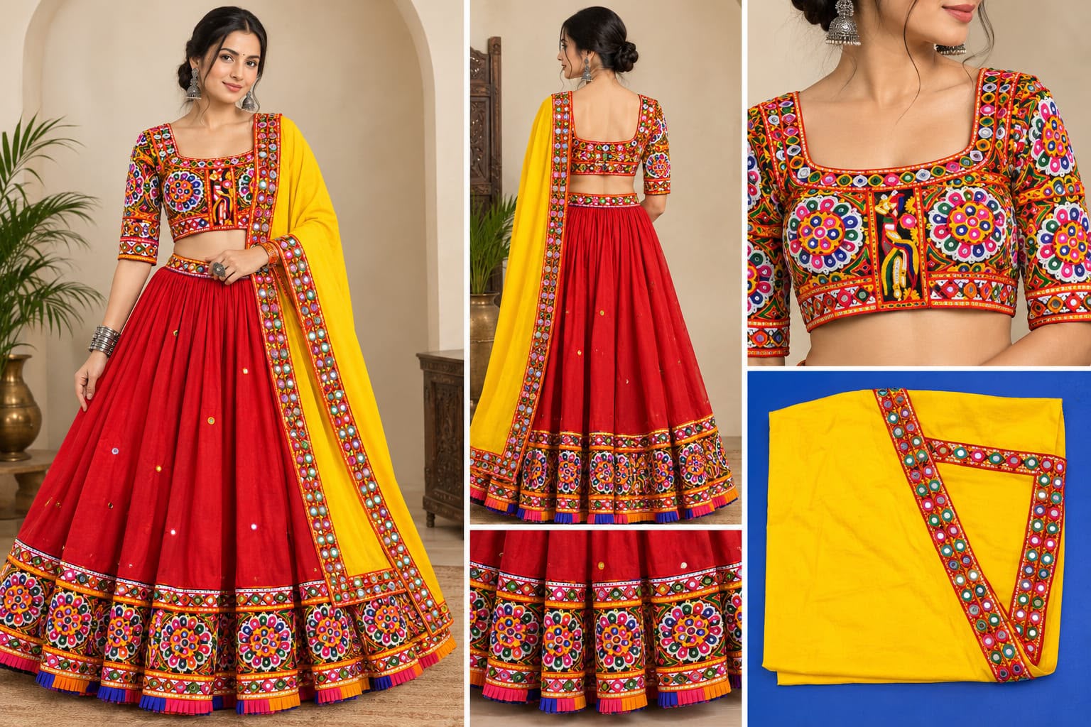 Red Mirror Work Chaniya Choli with Yellow Dupatta | D’MAYE
