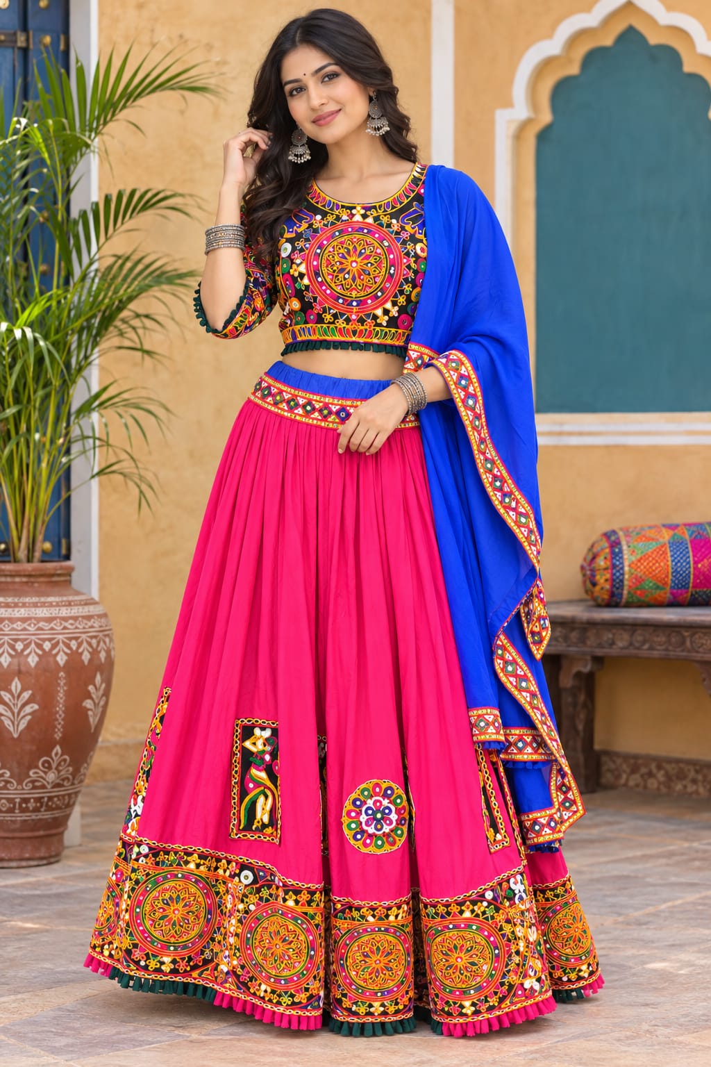 Pink Gujarati Chaniya Choli with Blue Dupatta | D’MAYE