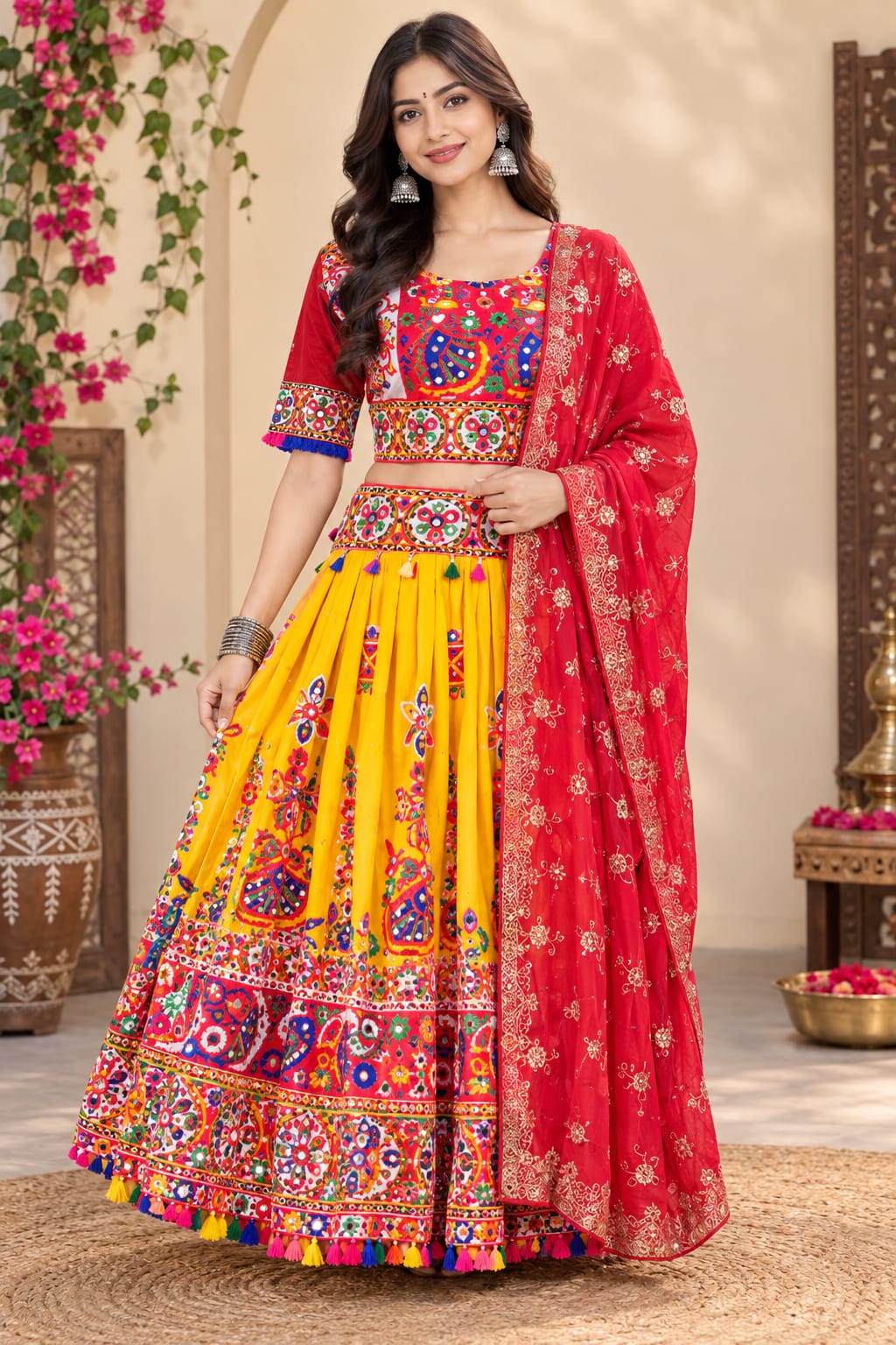 Yellow & Red Multicolor Embroidered Chaniya Choli