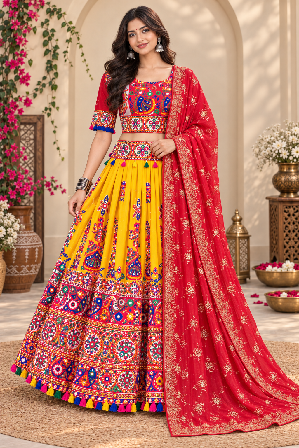 Yellow & Red Multicolor Embroidered Chaniya Choli
