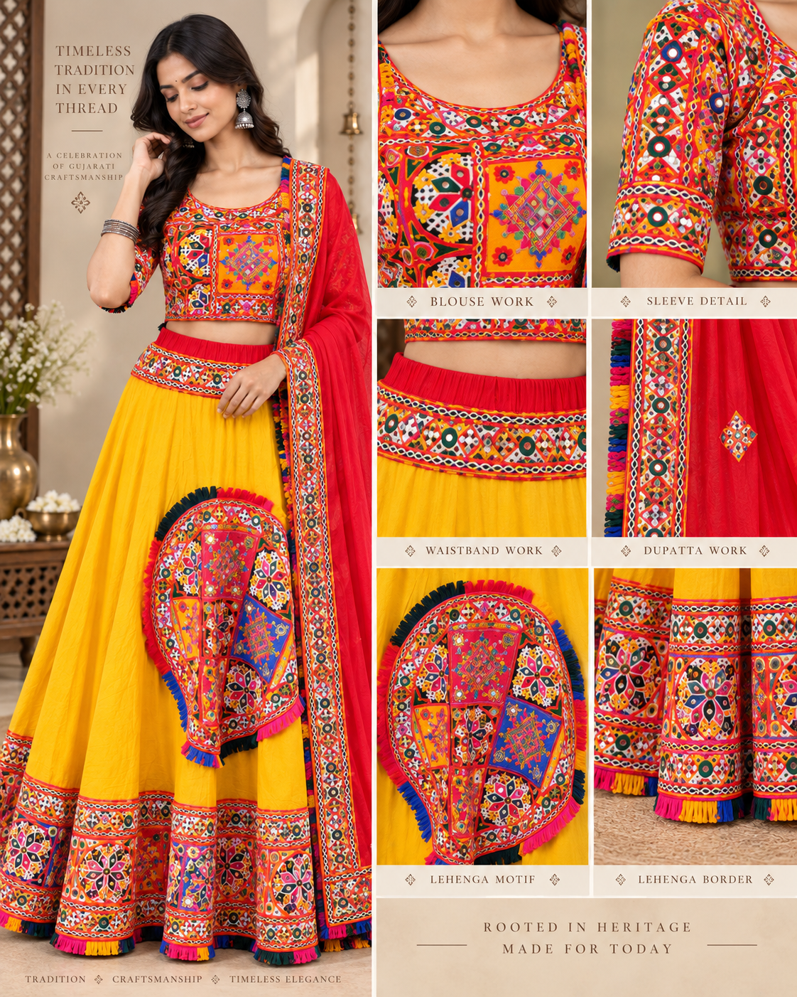 Yellow & Red Gujarati Chaniya Choli with Multicolor Embroidery