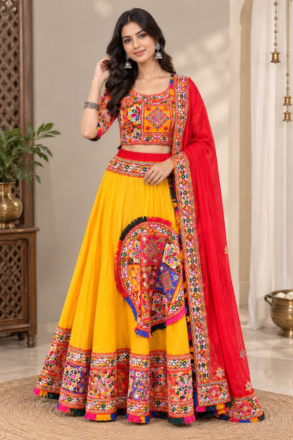 Yellow & Red Gujarati Chaniya Choli with Multicolor Embroidery