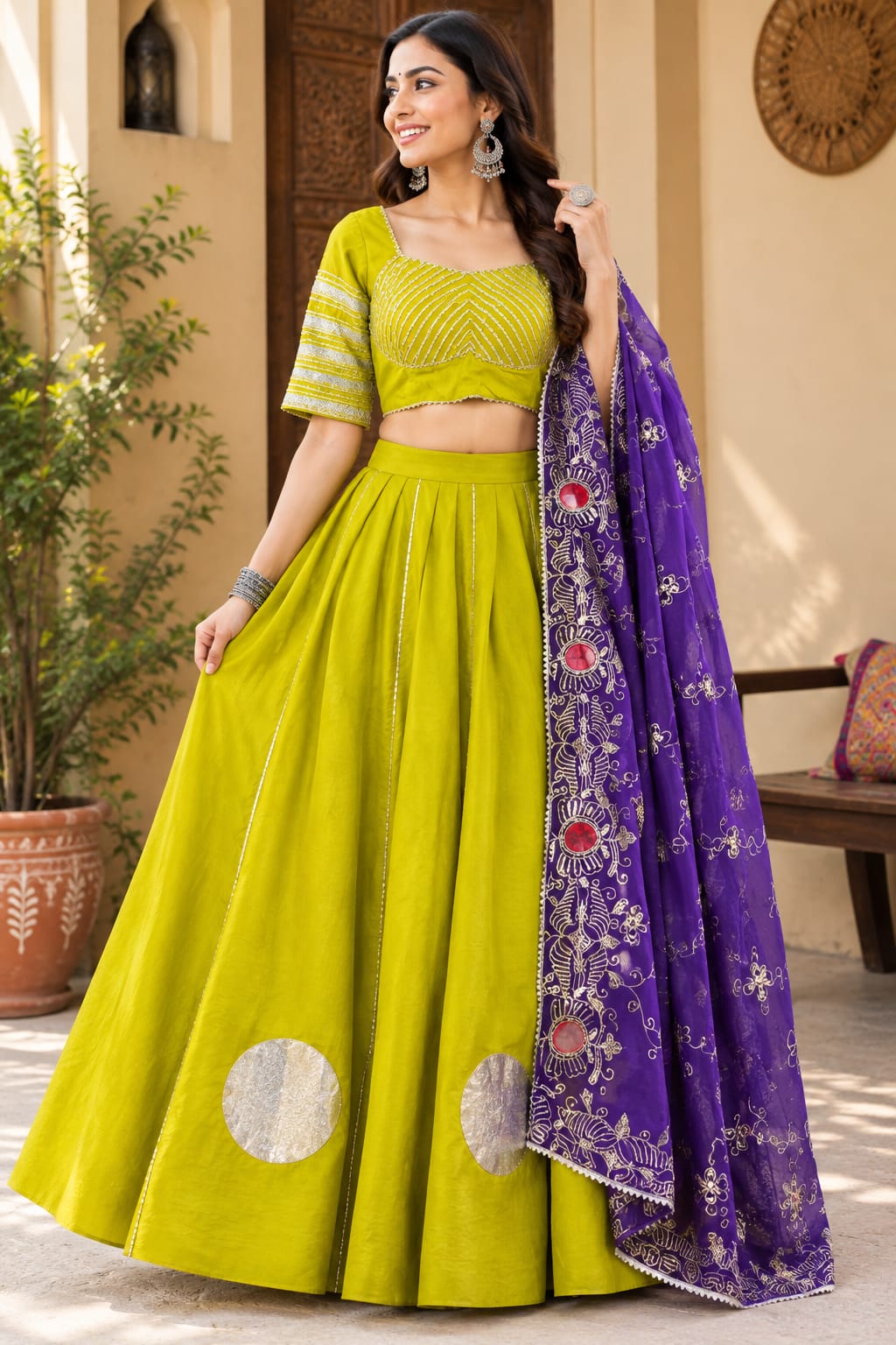 Designer Chaniya Choli with Embroidered Purple Dupatta – Available in 4 Colours