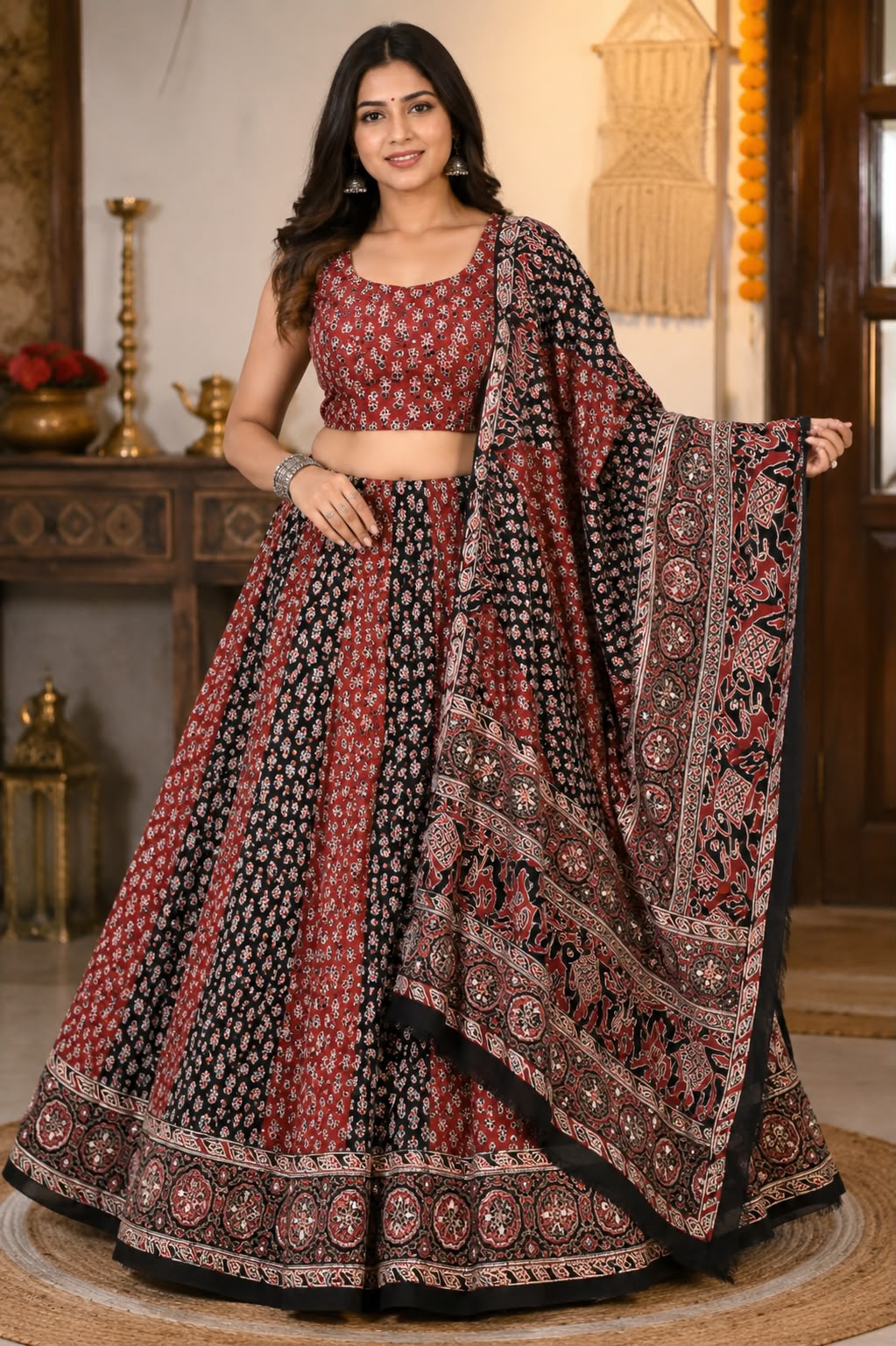 Maroon & Black Ajrakh Print Chaniya Choli Set