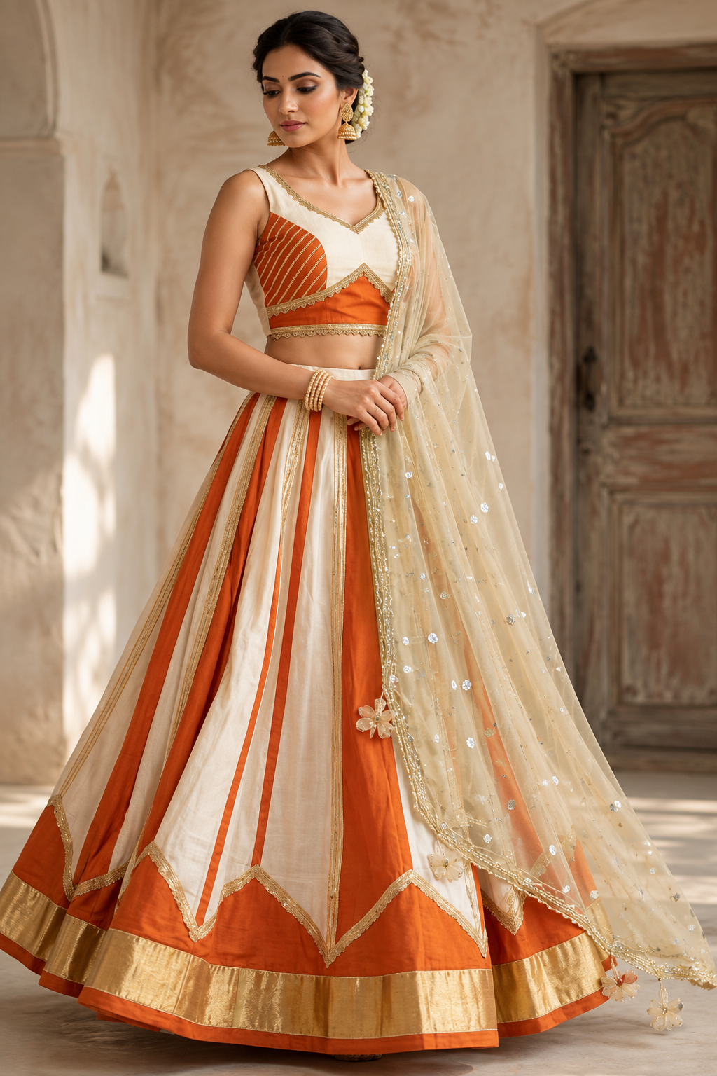 Designer Navratri Chaniya Choli with Net Dupatta & Golden Border | Garba Lehenga Set