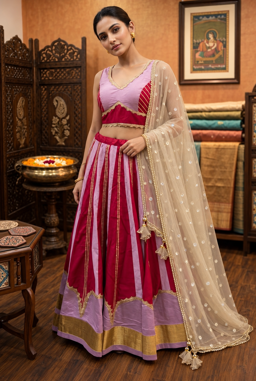 Designer Navratri Chaniya Choli with Net Dupatta & Golden Border | Garba Lehenga Set