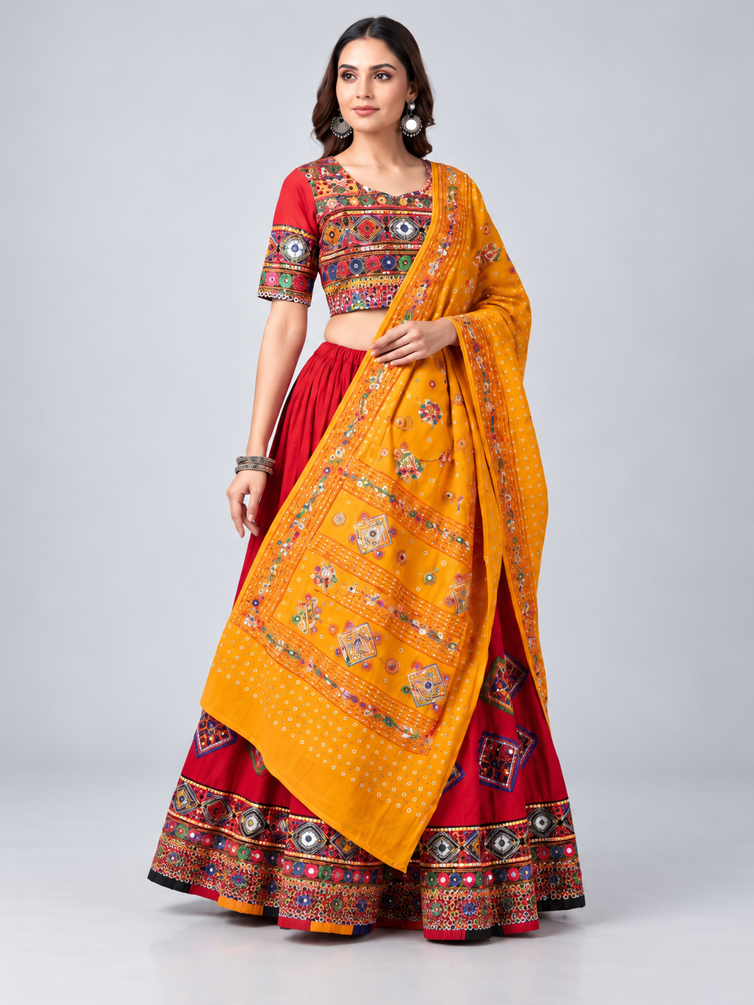 Red Gujarati Chaniya Choli with Mirror Work & Mustard Dupatta | Navratri Garba Lehenga