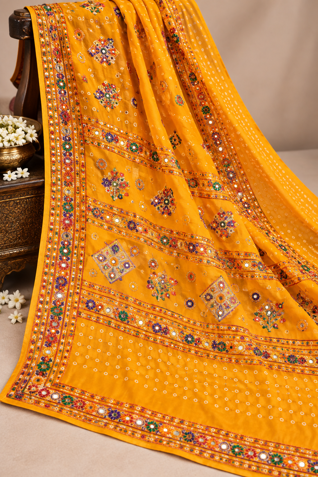 Red Gujarati Chaniya Choli with Mirror Work & Mustard Dupatta | Navratri Garba Lehenga