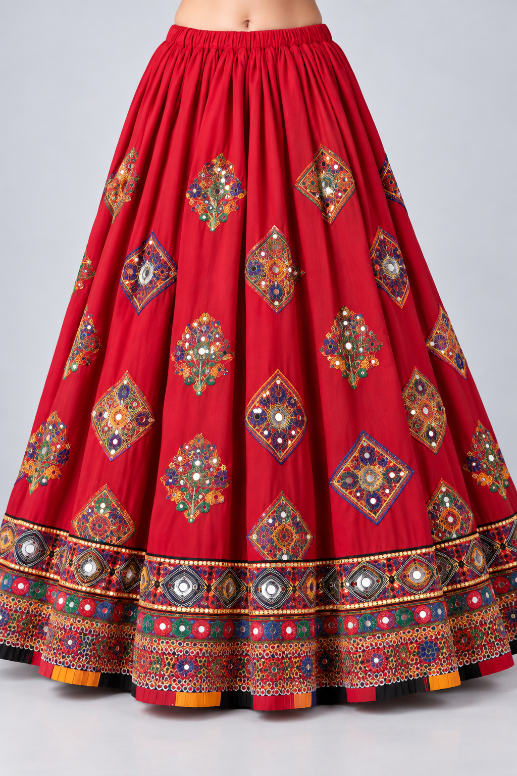 Red Gujarati Chaniya Choli with Mirror Work & Mustard Dupatta | Navratri Garba Lehenga