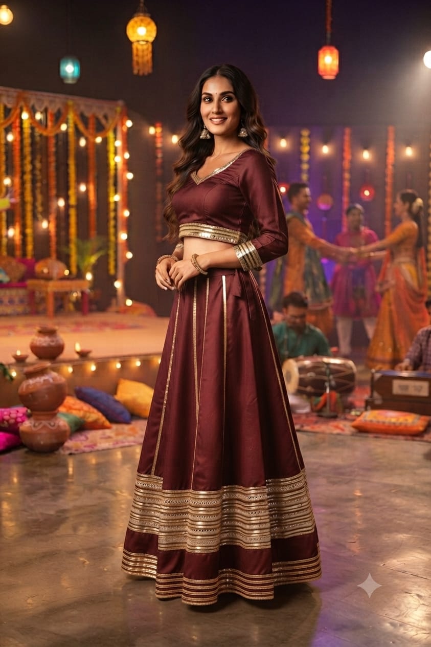 Elegant Plain Navratri Chaniya Choli with Gota Patti Border – Available in 5 Colours | D’MAYE