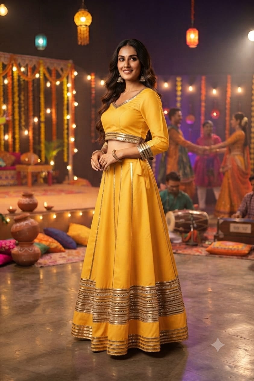 Elegant Plain Navratri Chaniya Choli with Gota Patti Border – Available in 5 Colours | D’MAYE