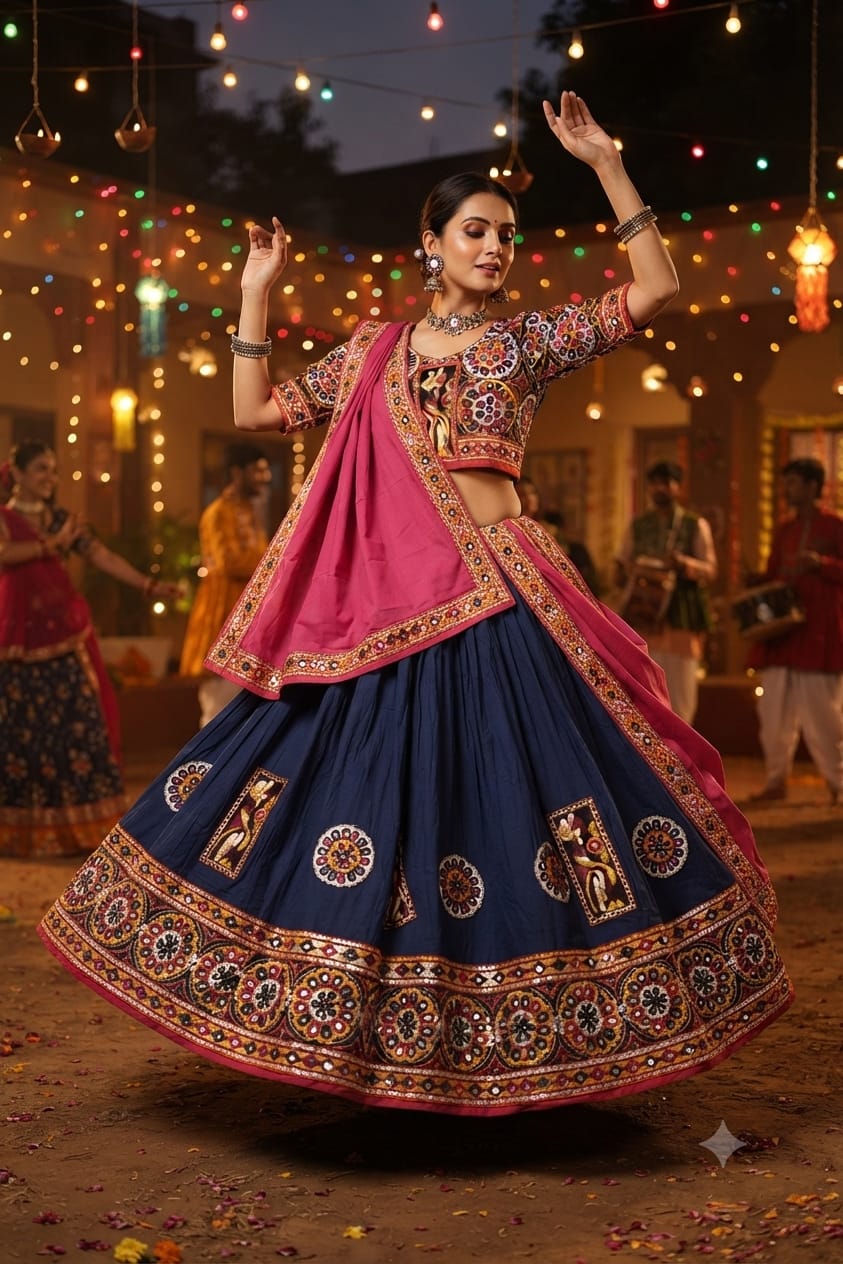 Traditional Gujarati Navratri Chaniya Choli with Embroidery & Mirror Work | Garba Lehenga for Women