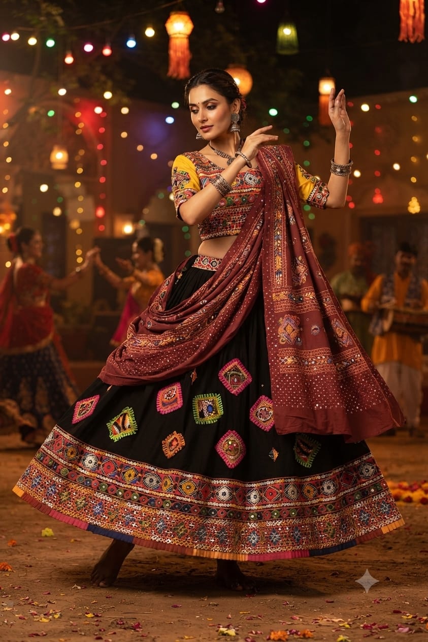 Traditional Gujarati Navratri Chaniya Choli with Embroidery & Mirror Work | Garba Lehenga for Women