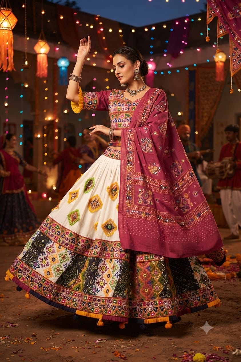 Traditional Gujarati Navratri Chaniya Choli with Embroidery & Mirror Work | Garba Lehenga for Women