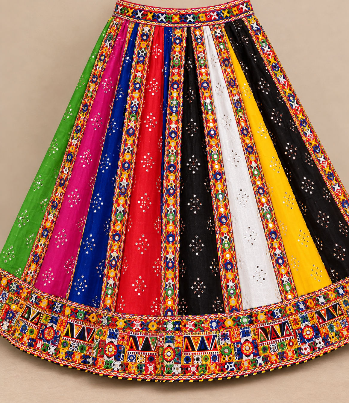 Multicolour Gujarati Mirror Work Chaniya Choli with Yellow Dupatta – Navratri & Garba Wear