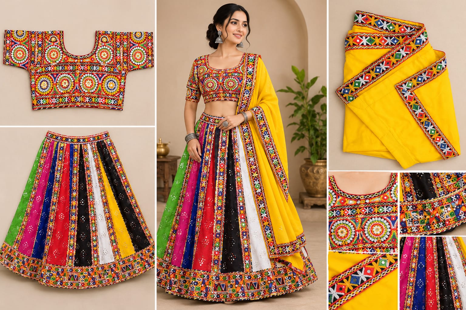 Multicolour Gujarati Mirror Work Chaniya Choli with Yellow Dupatta – Navratri & Garba Wear
