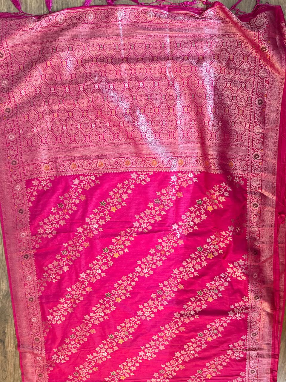 Rani Pink Floral Woven Saree with Rich Traditional Pallu