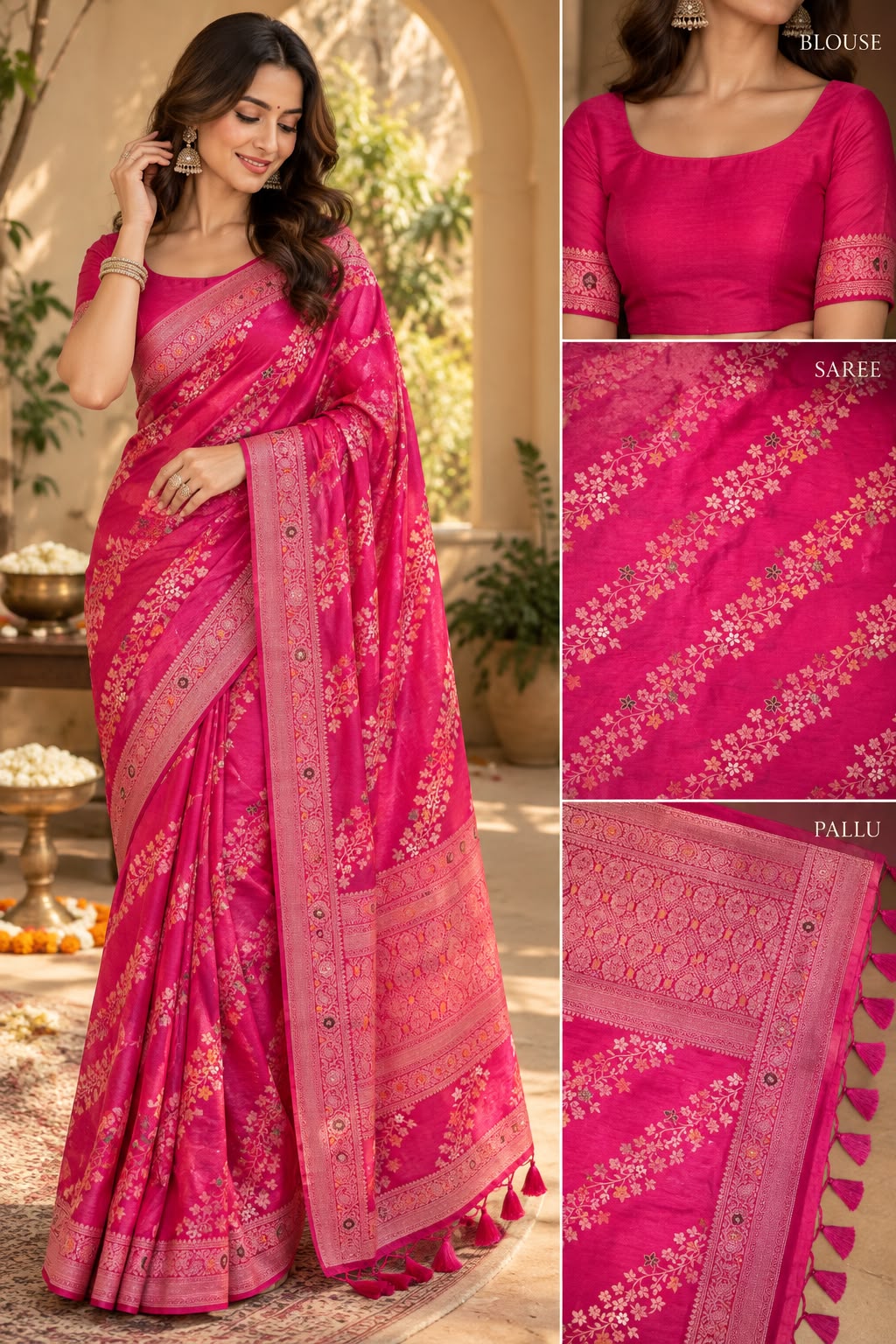 Rani Pink Floral Woven Saree with Rich Traditional Pallu