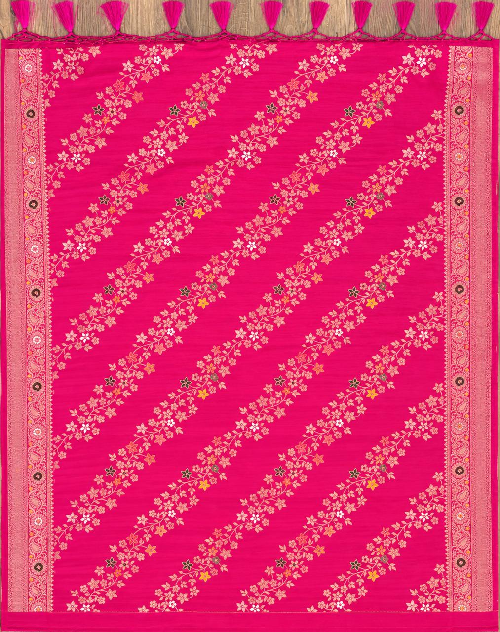 Rani Pink Floral Woven Saree with Rich Traditional Pallu