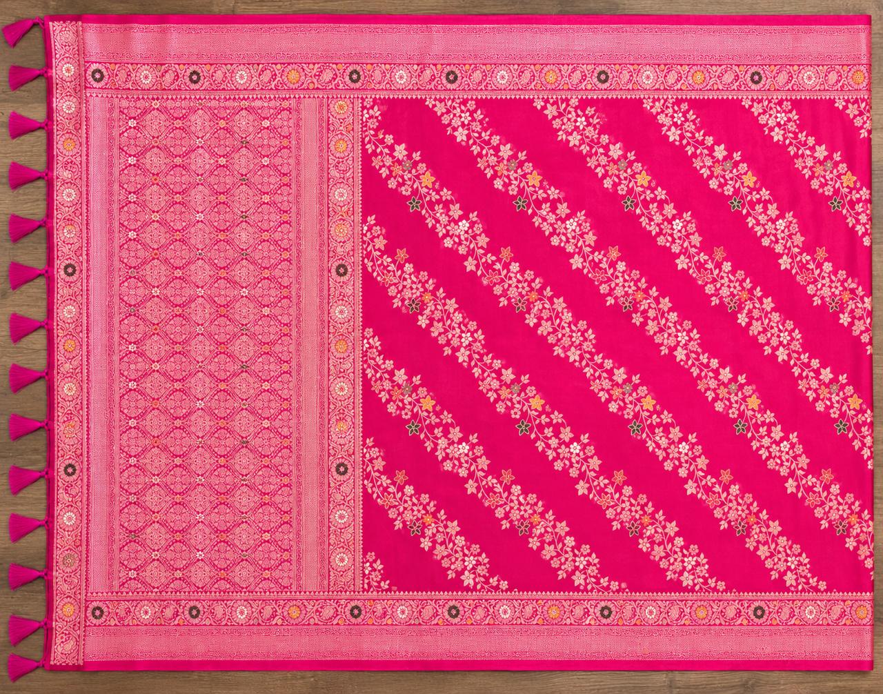 Rani Pink Floral Woven Saree with Rich Traditional Pallu