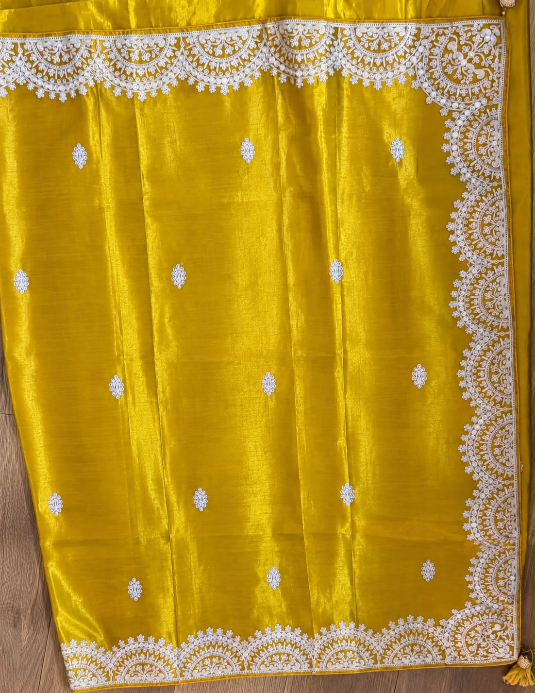 Mustard Yellow Embroidered Festive Saree with Intricate White Border & Matching Blouse