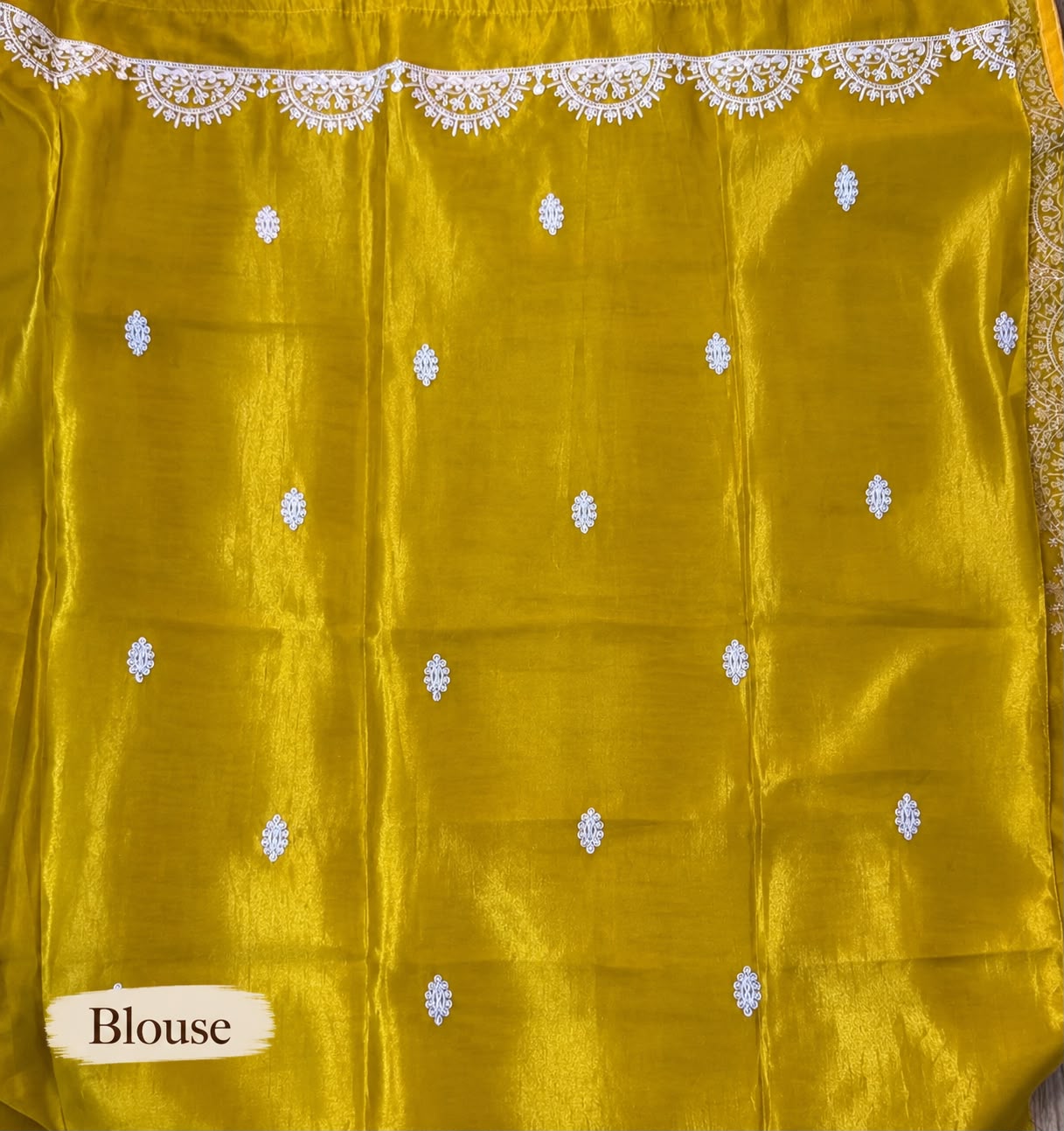 Mustard Yellow Embroidered Festive Saree with Intricate White Border & Matching Blouse