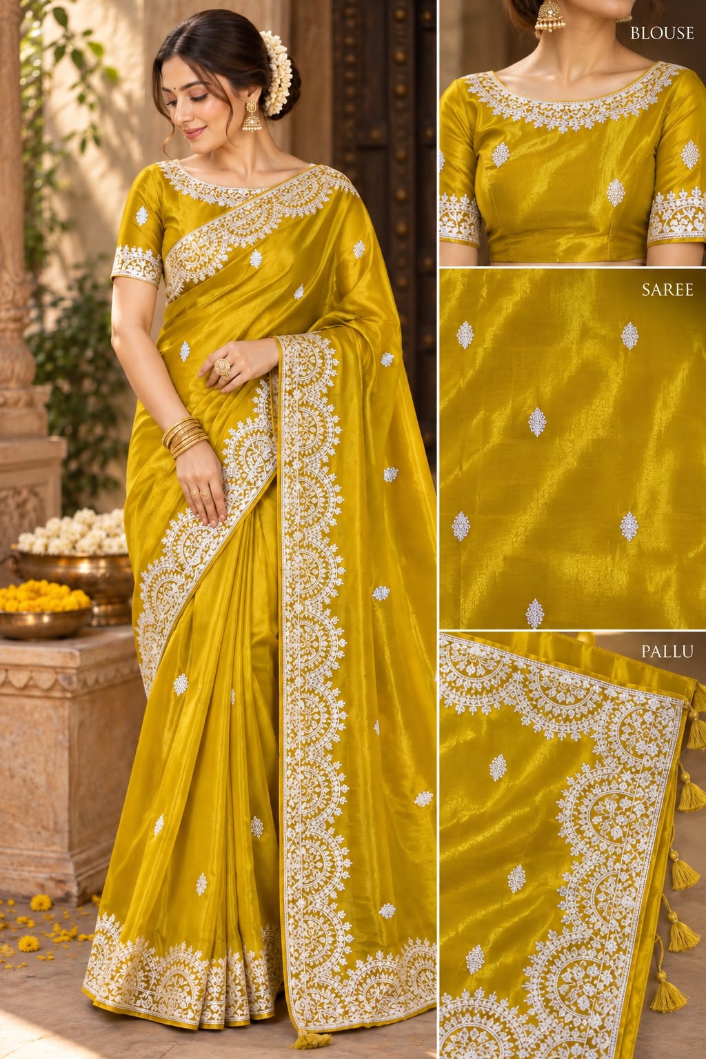 Mustard Yellow Embroidered Festive Saree with Intricate White Border & Matching Blouse