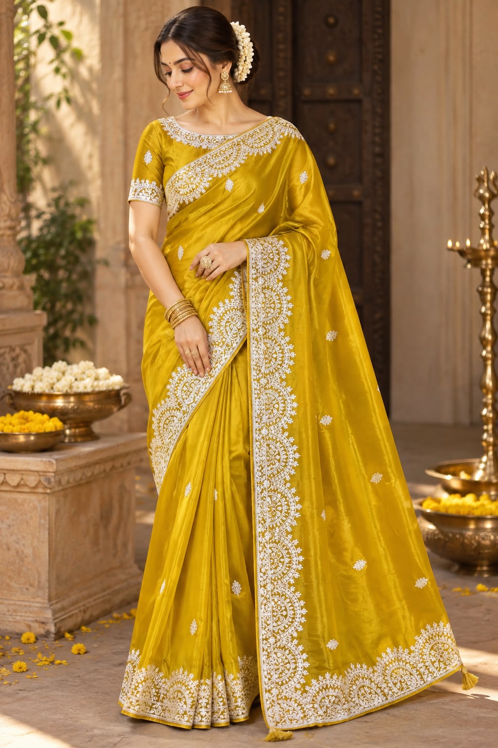 Mustard Yellow Embroidered Festive Saree with Intricate White Border & Matching Blouse