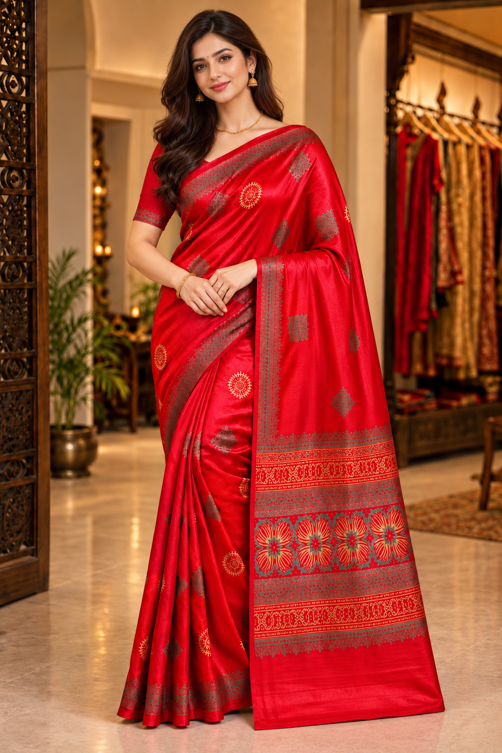 Red Gajji Silk Saree with Traditional Ajrakh-Inspired Print