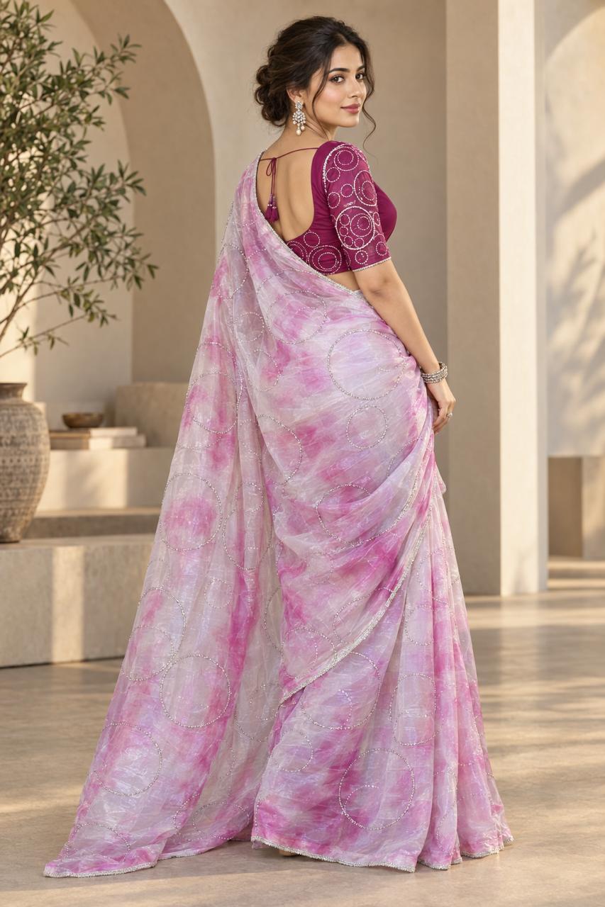 Pastel Pink Designer Saree with Silver Work