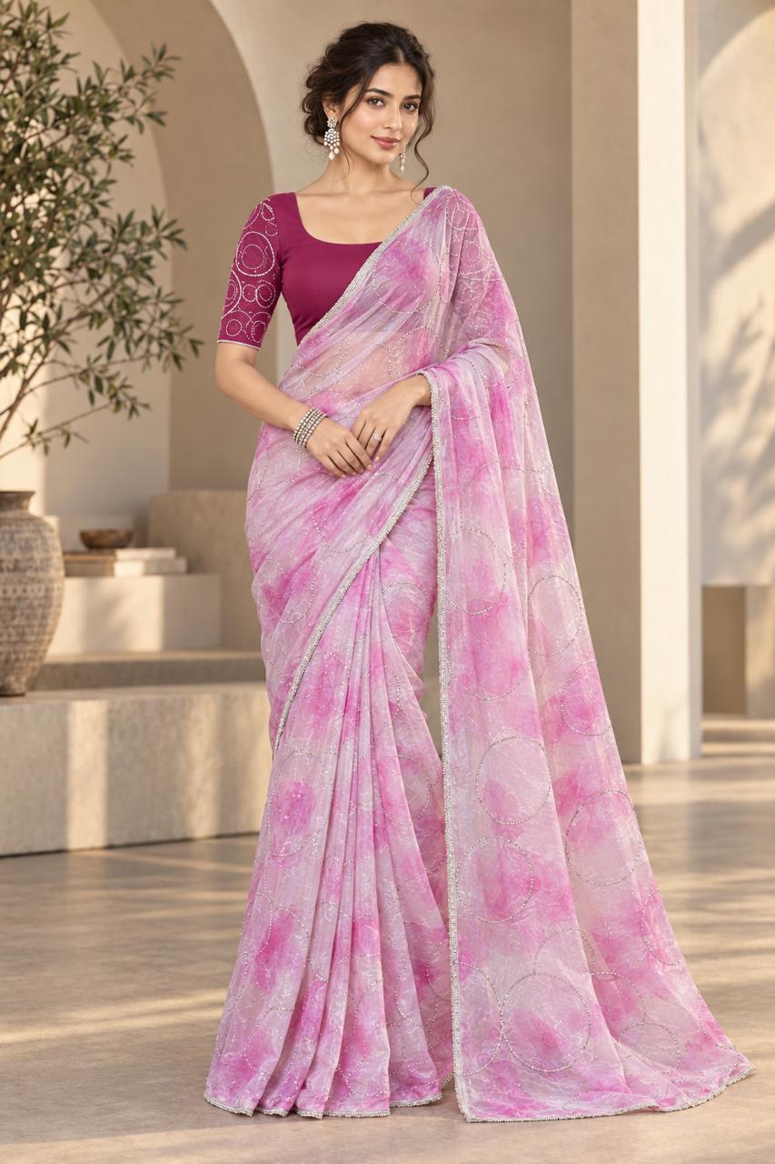 Pastel Pink Designer Saree with Silver Work