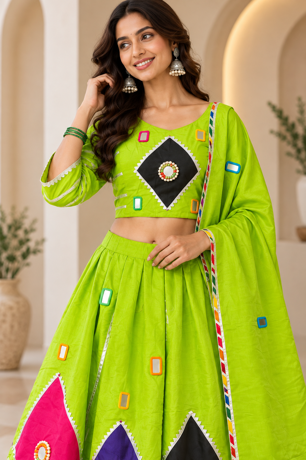 Mirror Work Navratri Chaniya Choli Set – Available in Lime Green & Royal Purple