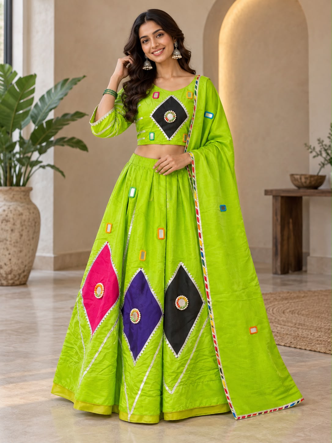 Mirror Work Navratri Chaniya Choli Set – Available in Lime Green & Royal Purple