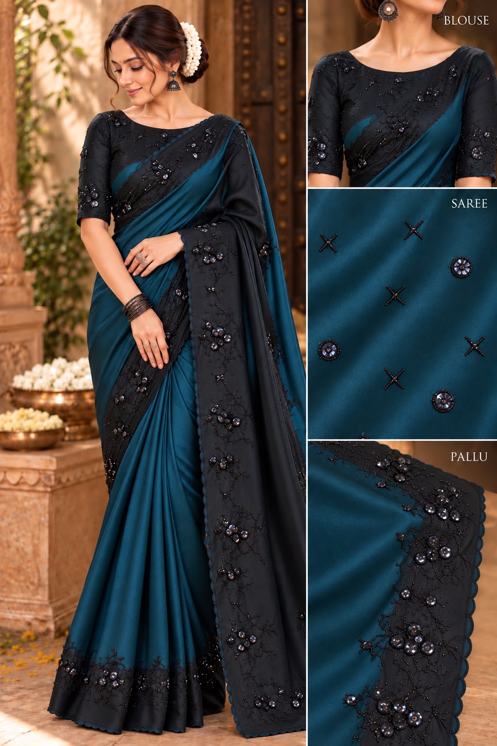 Midnight Teal & Black Embellished Party Wear Saree