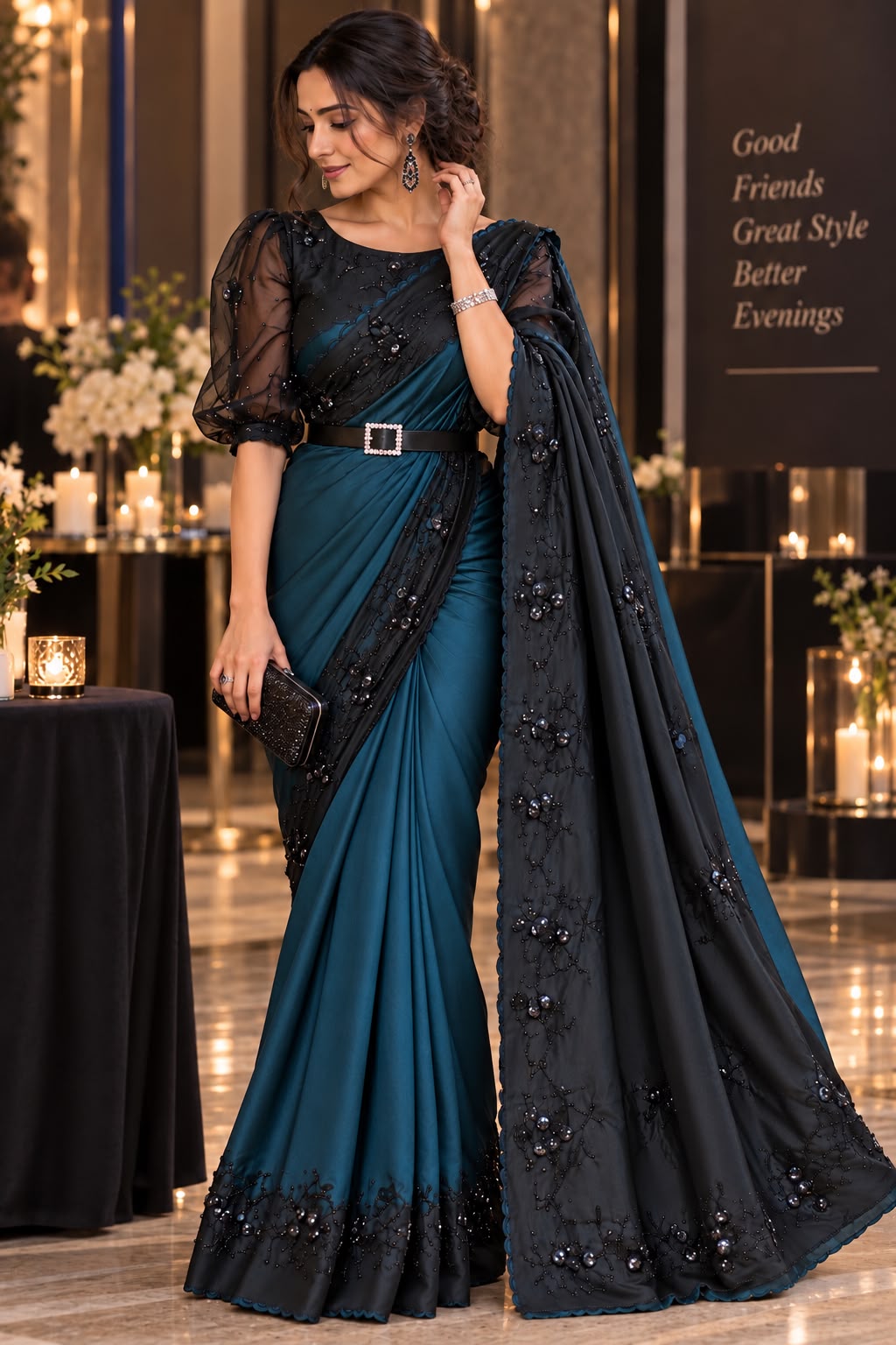 Midnight Teal & Black Embellished Party Wear Saree