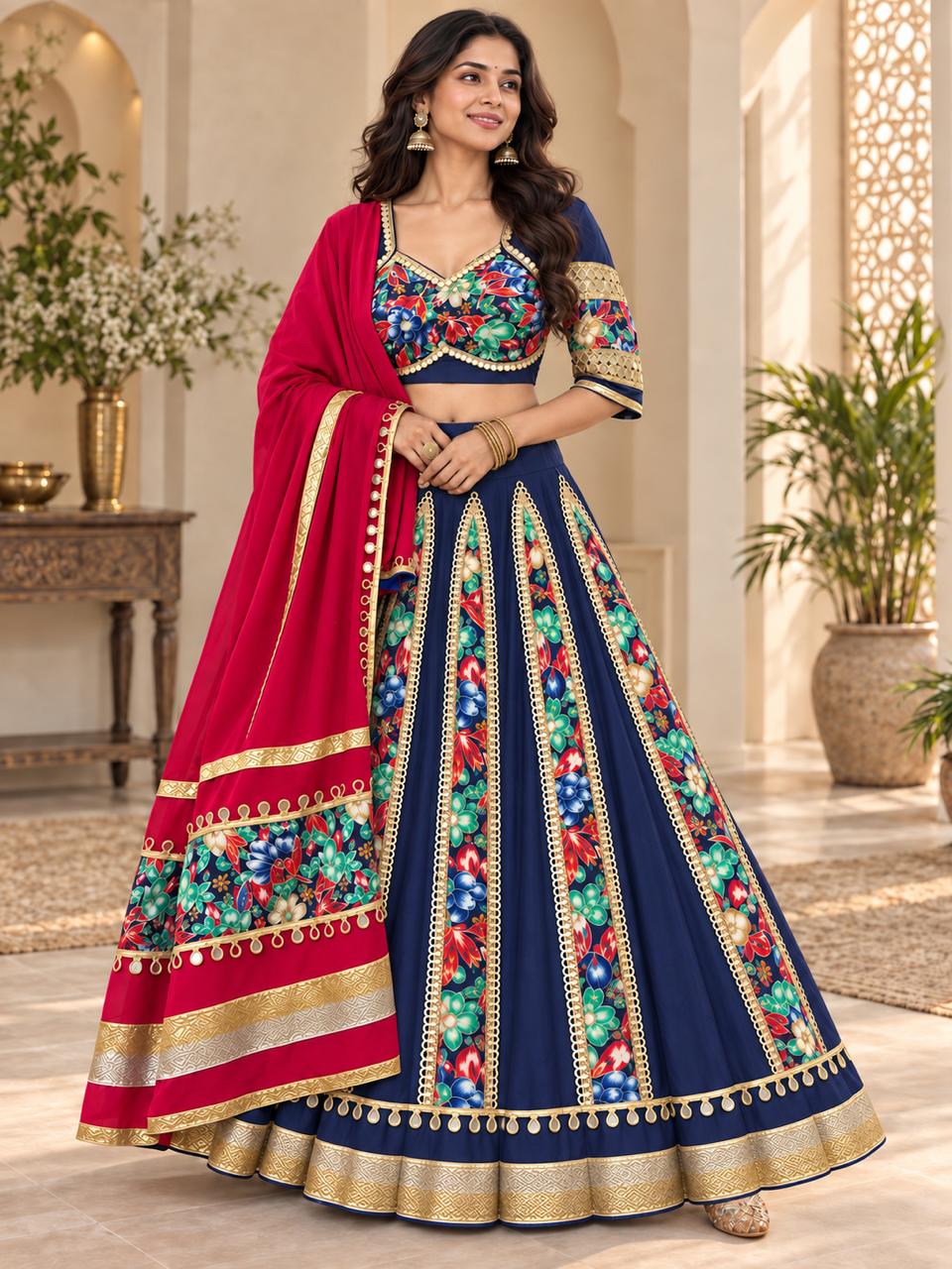 Navy Blue & Rani Pink Floral Chaniya Choli Set for Women | Gujarati Navratri & Garba Lehenga Choli – D’MAYE