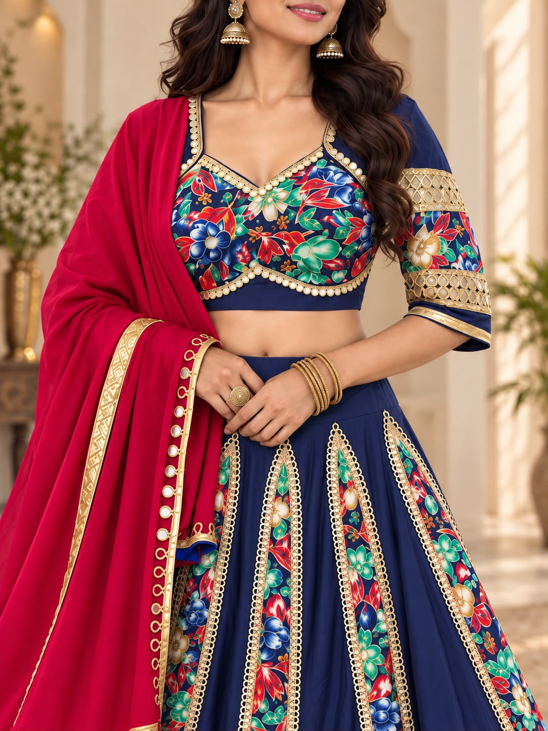 Navy Blue & Rani Pink Floral Chaniya Choli Set for Women | Gujarati Navratri & Garba Lehenga Choli – D’MAYE