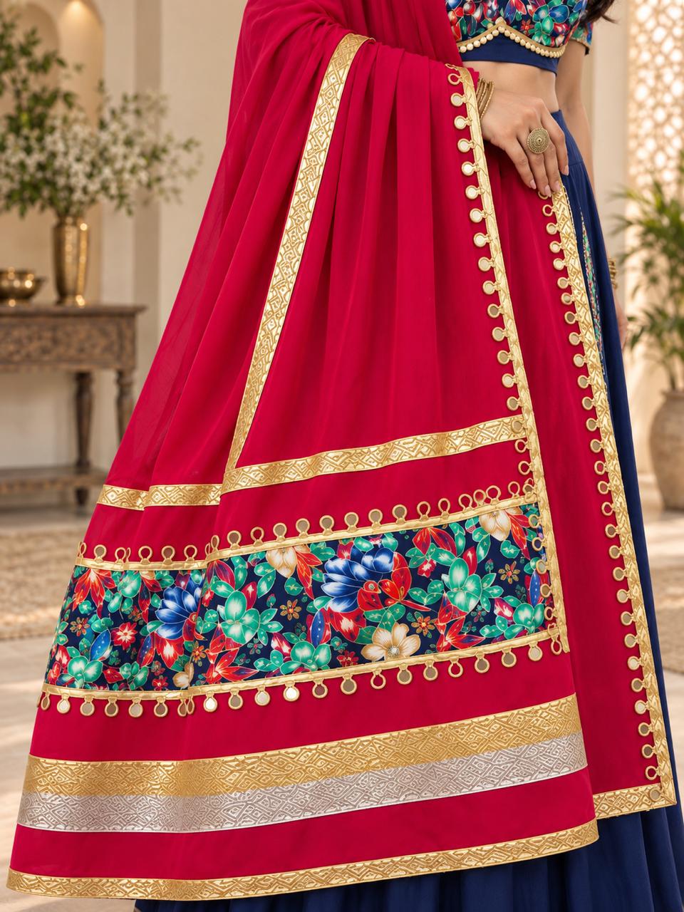 Navy Blue & Rani Pink Floral Chaniya Choli Set for Women | Gujarati Navratri & Garba Lehenga Choli – D’MAYE