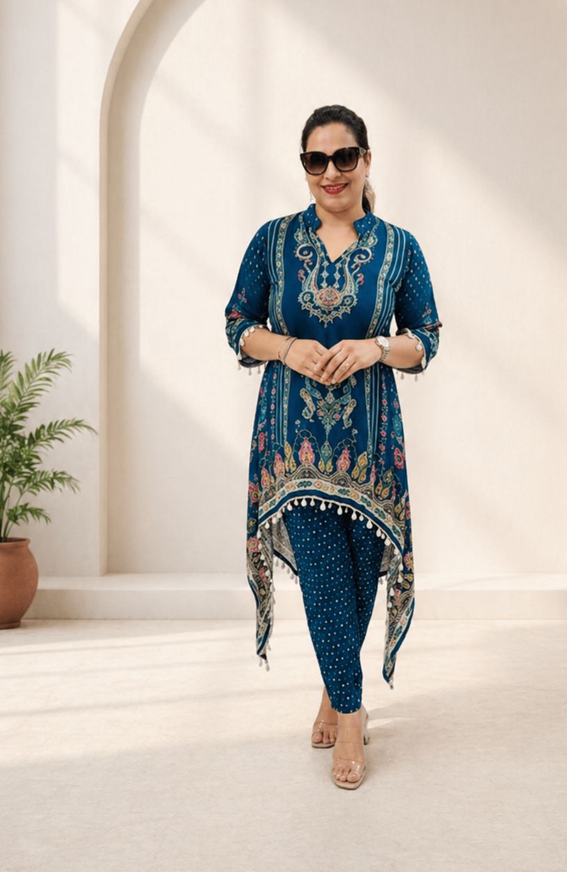 Teal Printed Asymmetrical Kurta Pant Co-Ord Set for Women